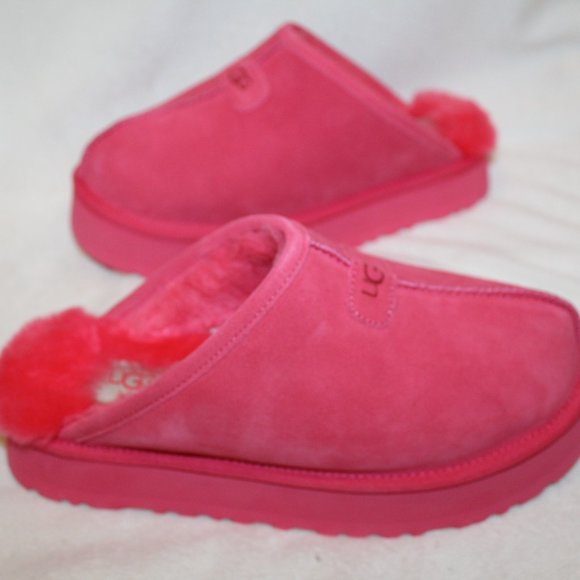 NIB UGG WOMEN'S DISCOQUETTE SUEDE SHEARLING SLIP ON PLATFORM SLIPPERS PINK - Picture 3 of 8